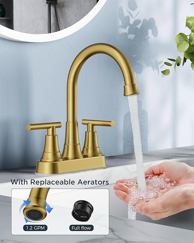 FORIOUS Brushed Gold Bathroom Faucets, 4 Inch Centerset Bathroom Sink Faucet 2 or 3 Hole with Pop up Drain and cUPC Hose, Two Handles Control, 360° spout for Restroom,Vanity, Rv, 2 Pack
