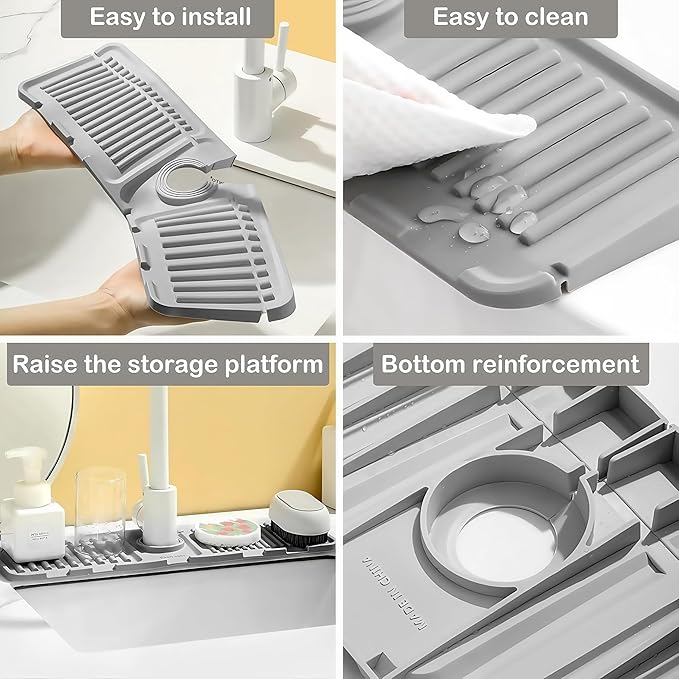 Faucet Mat for Kitchen Sink - 2024 Premium Upgrade: Enhanced Silicone Splash Guard with Rapid Drying & Dish Soap Sponge Holder, Perfect for Stone Sinks in Kitchen & Bathroom (Gray, 1 PCS)