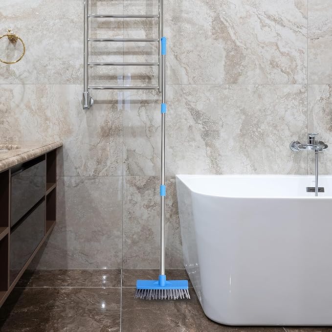 Wide Floor Cleaning Brush with Long Stainless Steel Handle Hard Plastic Bristles for Tile Bathroom Kitchen and Home Floors Ergonomic Design for Grout and Surface Scrubbing in Blue