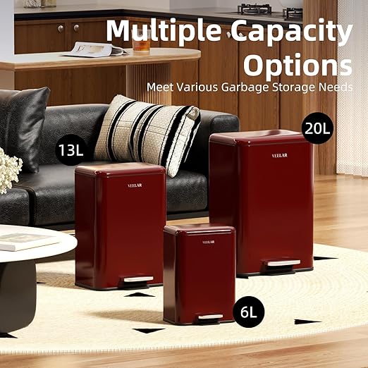 Small Bathroom 6 Liter / 1.6 Gallon Trash Can - Mini Step Garbage Can with Lid, Stainless Steel Trash Bin for Bedroom, Office ，Living Room (Red)