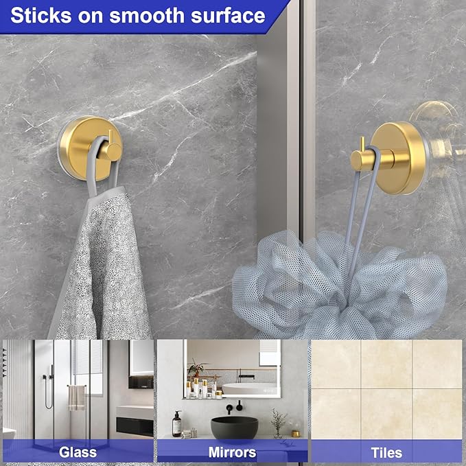 HUFEEOH Suction Cup Hooks for Shower, 2 Pack Wall Hooks Shower Towel Hook Towel Holder for Hanging, Removable Towel Suction Cup Hooks Bathroom Towel Hook for Towels (Gold)
