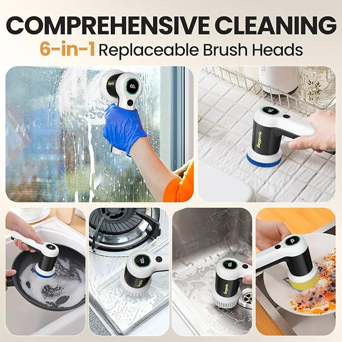 Electric Bathroom Cleaning Brush, Cordless Spin Scrubber with Full-Body IPX7 Waterproof Design and 6 Replaceable Brush Heads for Bathtub, Kitchen, Windows, and Home Cleaning