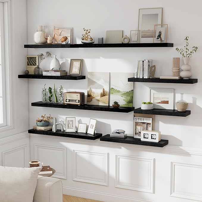 Fun Memories Black Floating Shelves for Wall Set of 2, 28" Black Floating Shelves for Home Decor, Rustic Wood Wall Mounted Shelf, Hanging Deep Shelf for Living Room, Bedroom, Bathroom, Kitchen
