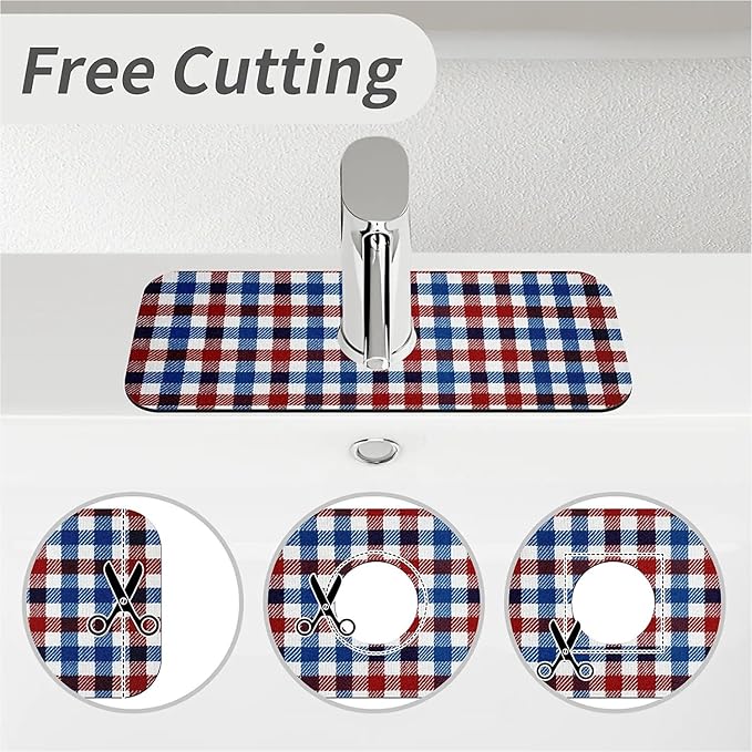 Kitchen Sink Splash Guard，Red white blue gingham Faucet Mat Sink Gadgets-Super Absorbent Fast Drying Mat Drip Catcher for Kitchen, Bathroom,Sink Mat, Dish Drying Mat, Bathroom(15" X 5.5" )