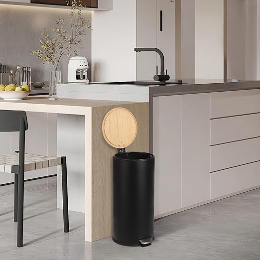GarveeHome 8 Gallon Step Trash Can with Soft-Close Bamboo Lid, Stainless Steel Garbage Can with Removable Inner Bucket, 30L Round Trash Bin, Perfect for Kitchen, Bathroom, Living Room, Black