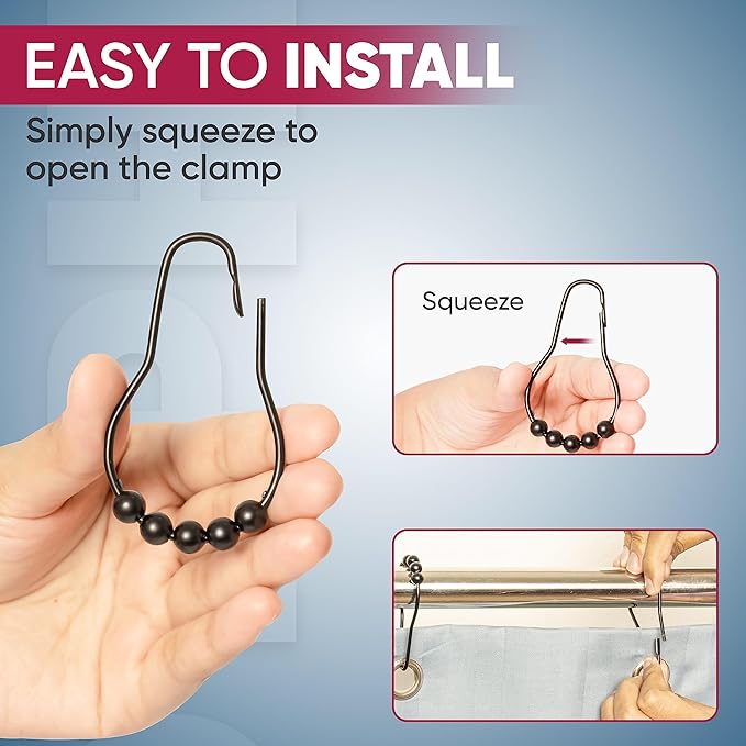Shower Curtain Hooks Rust Proof (Set of 12) - Stainless Steel Shower Curtain Rings - Anti Slip Roller Balls for Easy Glide (Secure Lock Hooks, Matte Black)