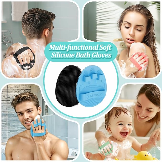 Silicone Bath Glove & Face Scrubber Set 2PCS, 360° Anti-Slip & Hand-fit Body Scrubber for Rich Foaming Deep Cleaning, Unique Facial Scrubber with Side-bristles for Contoured Areas.(Blue)
