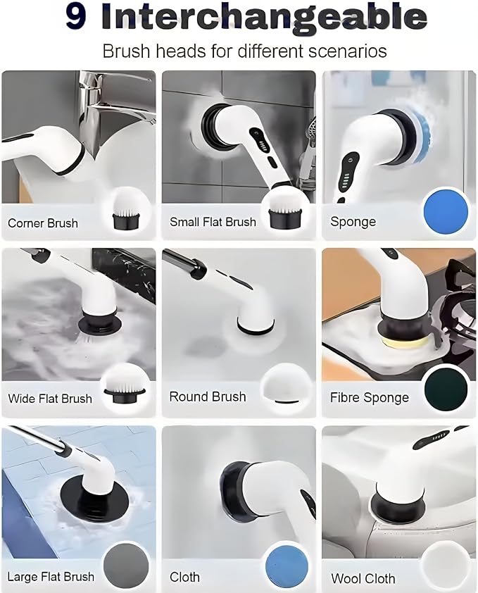 Electric Spin Scrubber for Cleaning with 9 Replaceable Brush Heads,Cordless Bathroom Cleaning Brush with 3 Speeds,IPX7 Waterproof,Adjustable Handle for Shower,Bathtub,carpet,Tile,Floor & Kitchen,White