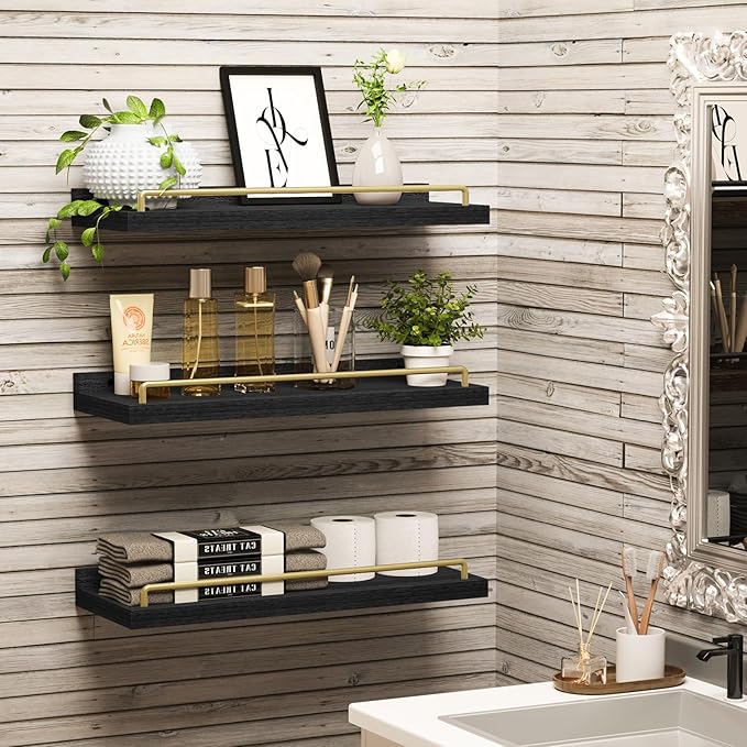 Floating Shelves for Wall Decor, Black and Gold Shelves for Bathroom, Living Room, Bedroom, Picture Frames, Plants, Kitchen (Set of 3)