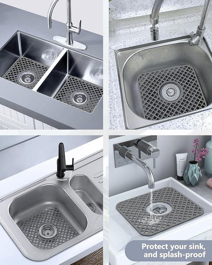 2 Pack Silicone Sink Protector for Kitchen Sink, Lozenge Pattern 12 x 11" Sink Grid Mat Silicone Protectors, Center Drain, Gray