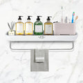 Shower Caddy - Wall Mounted - with Towel Bar - Extra Strong Self Adhesive - No Drilling - Easy Drainage - Stylish and Space Saving - Rustproof (White/Gray)