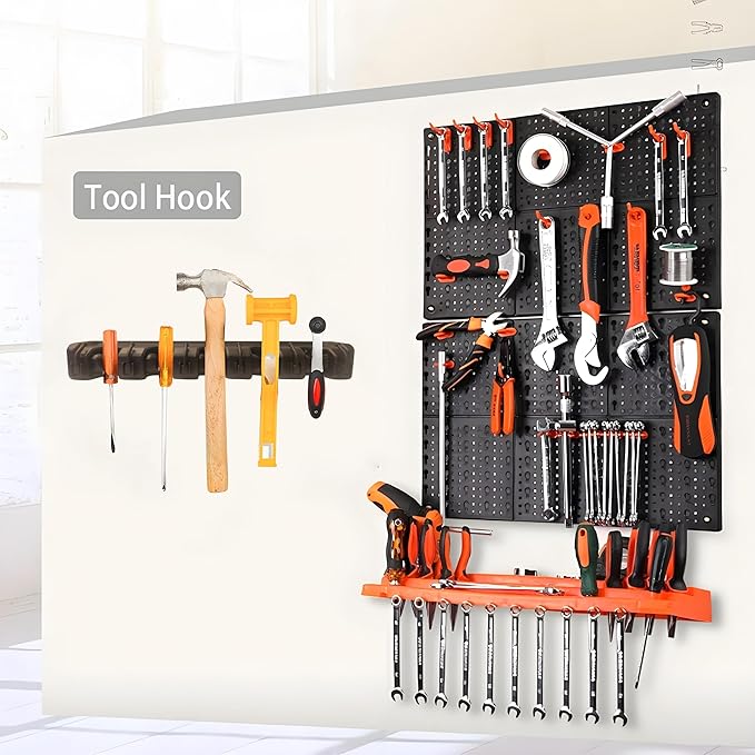 C-CHAIN Mop and Broom Holder, 5 Position with 6 Hooks Garage Storage Holds up to 11 Tools, Multipurpose Wall Mounted Tool Rack Organizer for Kitchen Garage,Matte Black
