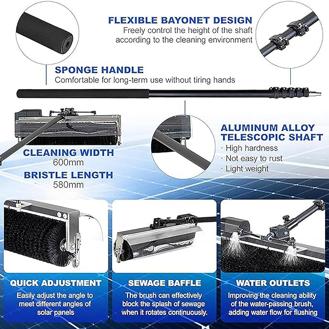 Electric Cleaning Roller Brush, Telescopic Pole for Cleaning PV Panels, Water-fed Cleaning Pole Set with Rotating Brush (60 cm)/Reach Pole(7.5 Meters)