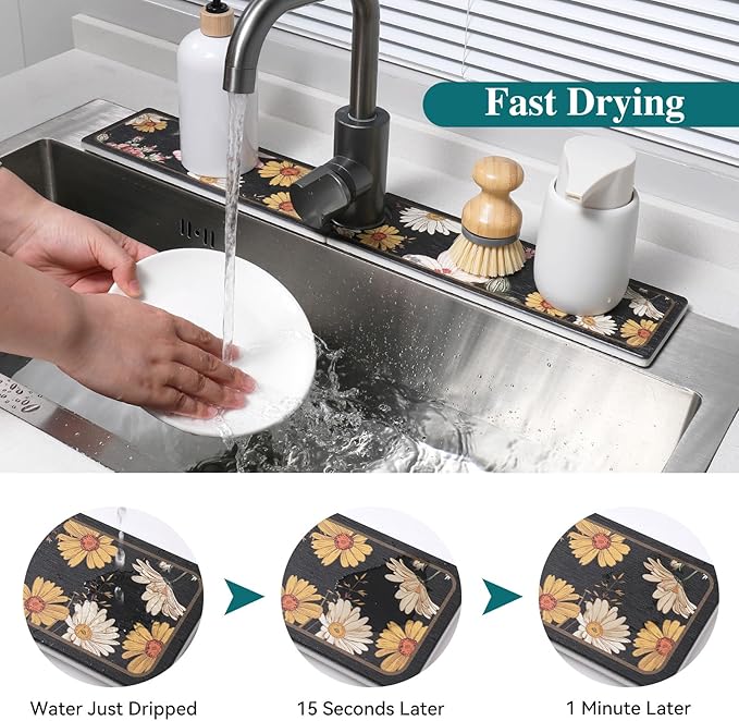 Stone Faucet Mat for Kitchen Sink, Diatomite Stone Sink Tray, 23.6" Super Absorbent Mat for Bathroom Counter, Prevents Moisture Buildup, Stone Drying Mat, Fast Drying Faucet Splash Guard