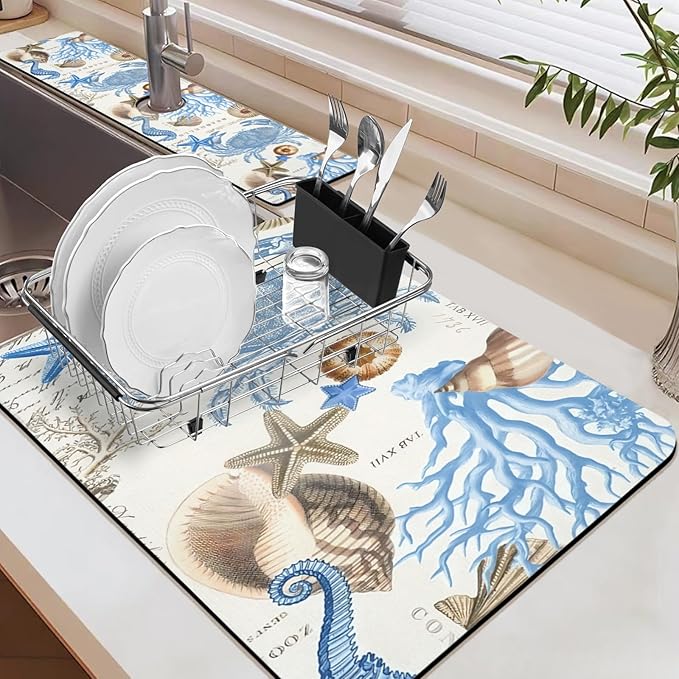 19.5" x 12" Dish Drying Mat & 24" x 5.5" Sink Splash Guard, Super Absorbent Drainer Rack Mat for Kitchen Counter Coffee Bar