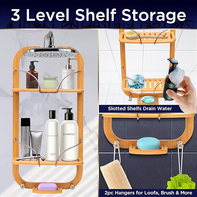 SereneLife Bamboo Hanging Shower Caddy with 3 Tiers, Anti-Slip Design, Bathroom Storage Organizer for Shampoo, Soaps, and Essentials - Space-Saving and Easy to Clean
