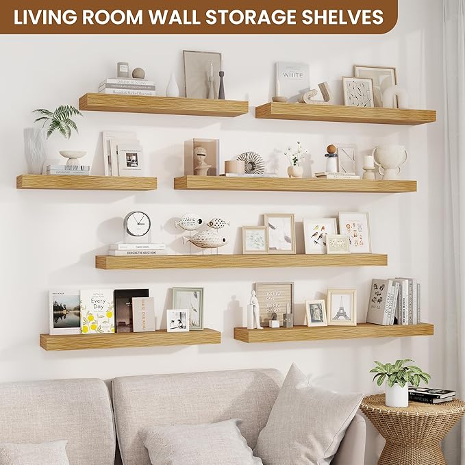 fuqing Floating Shelves for Wall, Wall Mounted Wood Floating Shelf with Invisible Brackets for Living Room, Bathroom, Bedroom, Kitchen Storage and Decor, 48 Inch Set of 2, Oak