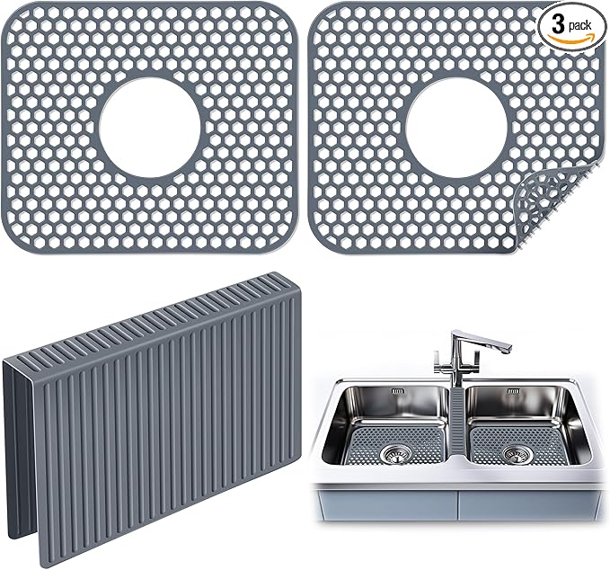 3 Pack Sink Mat and Sink Saddle Set, Sink Protectors for Kitchen Sink, Silicone Sink Saddle Mat Dishwasher Safe, Non Slip Folding Sink Grid to Protect Sink from Stains, Damage, Scratches