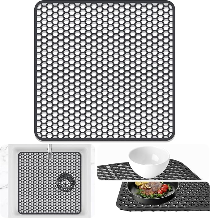 Sink Protectors Mat - 13.58"x13.58" Kitchen Sink Pad for Bottom of Basin for Protection of Stainless Steel and Tableware, Farmhouse Rubber Basin Mat Protector - Dark Gray