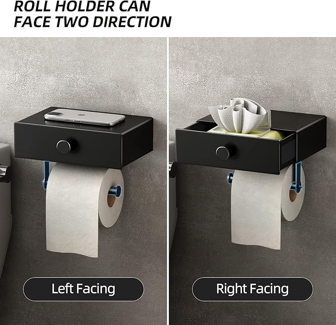 VOLDRA Toilet Paper Holder with Shelf Black Wipes Dispenser for Bathroom Toilet Paper Holder with Storage Upgrade Drawer Design Toilet Tissue Holder Adhesive Small Bathroom Shelf Wall Mount