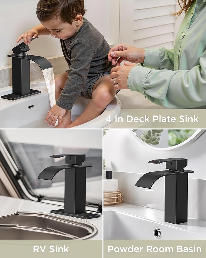 FORIOUS Matte Black Waterfall Bathroom Faucets 1 or 3 Hole, Vanity Single Bathroom Sink Faucet with cUPC Supply Line and Pop Up Drain, Suitable for Basin, Rv, Restroom Sink