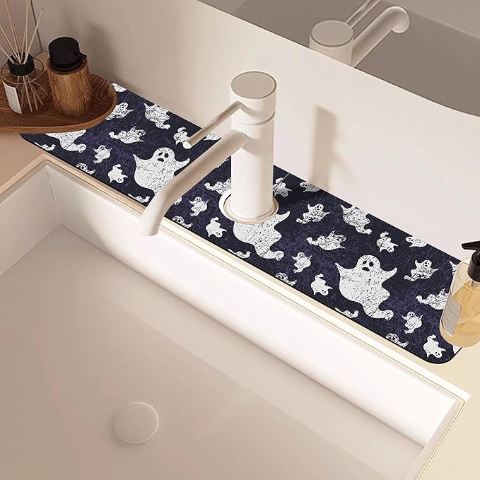 Halloween Vintage Ghost Dish Drying Mat for Kitchen Sink Splash Guard Behind Faucet Sink Mat Absorbent Fast Drying Faucet Draining Mat for Bathroom Kitchen 5.5"×24"
