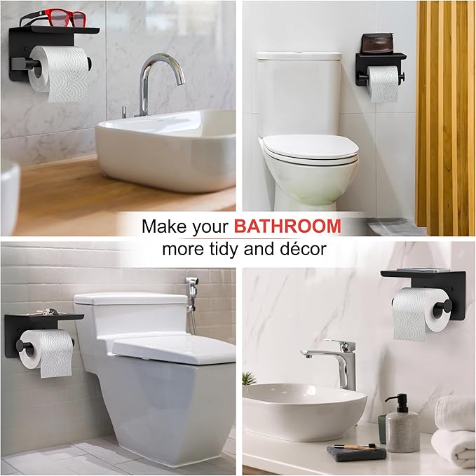 Matte Black Toilet Paper Holder with Shelf, SUS304 Stainless Steel Wall Mounted, Dual Installation Adhesive or Screw, Rustproof Modern Bathroom Tissue Roll Holder - 2 Pack
