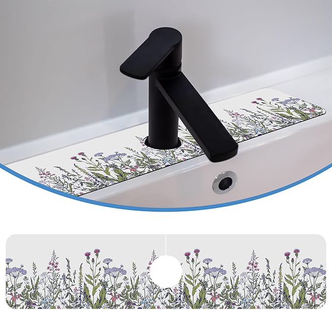 Faucet Mat Splash Guard Botanical Herbs Wild Flower, Soft Diatom Mud Material, Strong Water Absorption, Non-slip,Easy to Clean for Bathroom, Kitchen 23.5"X5.5"