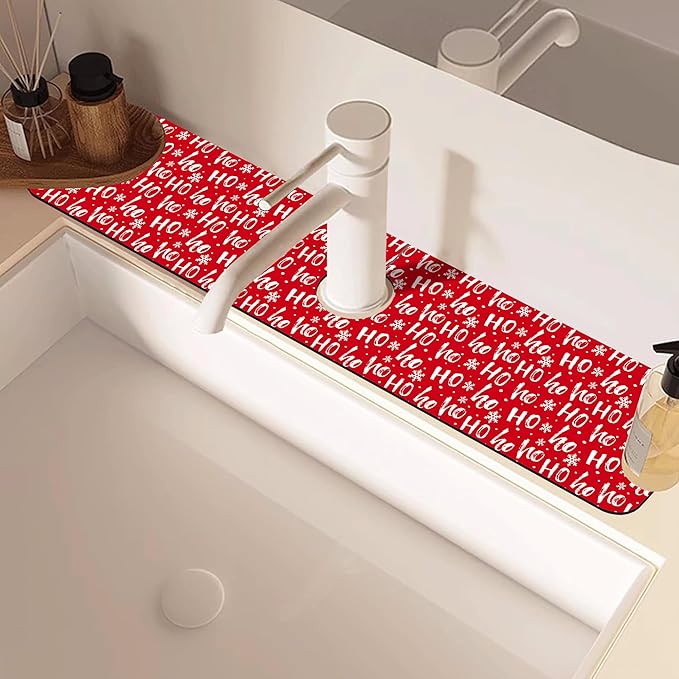 Christmas Hohoho Kitchen Sink Splash Guard Mat - Santa Claus Laugh Faucet Protector, Fast Drying Draining Mat for Kitchen and Bathroom 5.5"24"