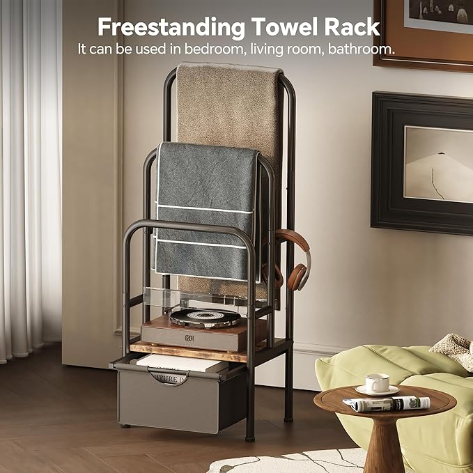 FreeStanding Towel Rack for Bathroom & Blanket Holder, 3-Tier Towel Drying Rack, 15.6" L x 11.8" W x 41.7" H, Blanket Ladder for Bedroom/Living Room,Rustic Brown