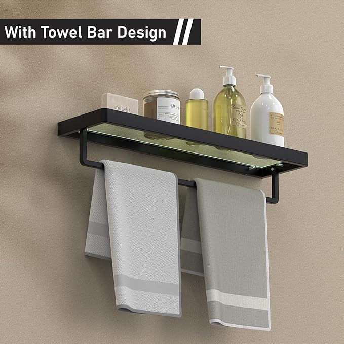 Floating Glass Shelves for Bathroom 20-in with Towel Bar/Tempered Glass Rectangular 1 Tier Organizer Shelf (Matte Black, 20'')