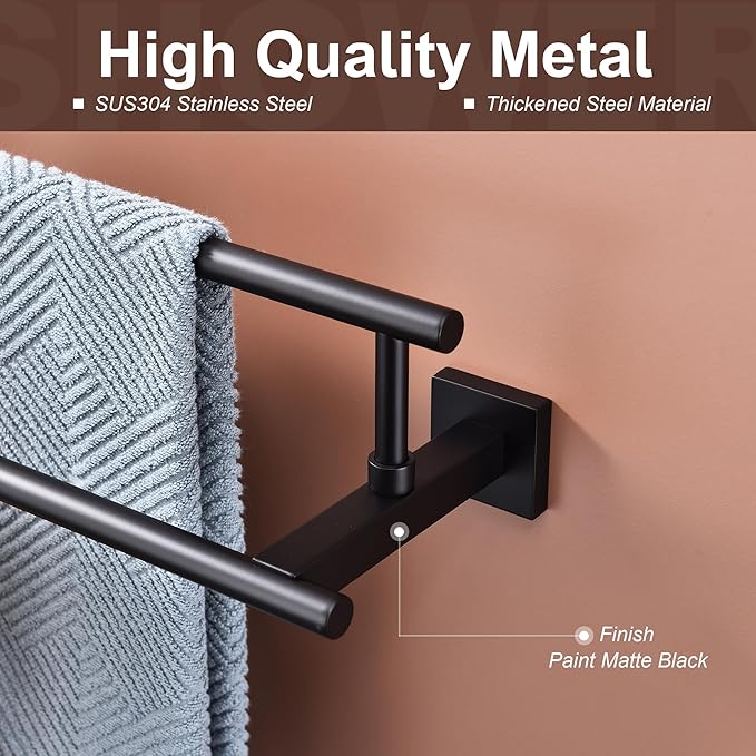 Bath Double Towel Bars, Towel Racks SUS304 Stainless Steel, Towel Holder for Bathroom Wall Mount, Towel Hanger Rail Accessories, 2-Tiers (Matte Black, 32 Inch)