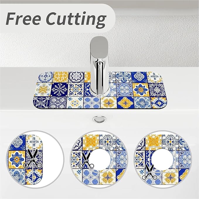 Kitchen Sink Splash Guard，Spanish tiles Faucet Mat Sink Gadgets-Super Absorbent Fast Drying Mat Drip Catcher for Kitchen, Bathroom,Sink Mat, Dish Drying Mat, Bathroom(15" X 5.5" )