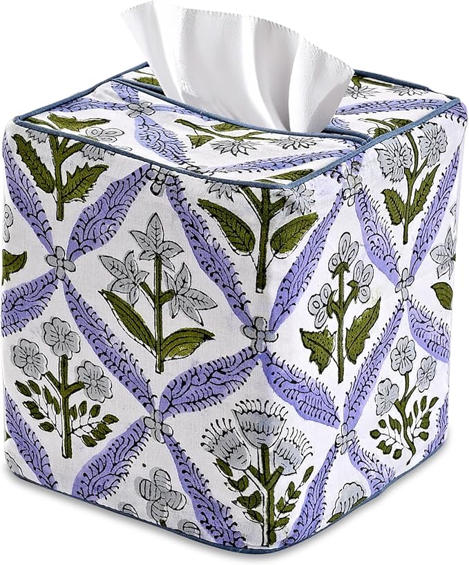 Ridhi Light Steel Blue Block Print Tissue Box Cover Handmade Cotton Fabric Decorative Square Napkin Holder for Home Bedroom Living Room Bathroom Vanity Countertop Car Night Stands Office Kitchen