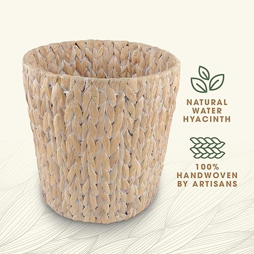 2-Pack Wicker Trash Can for Bathroom - Wicker Waste Basket for Bedroom, Office - Rattan Trash Can - Decorative Waste Basket (White, 3 Gallons)