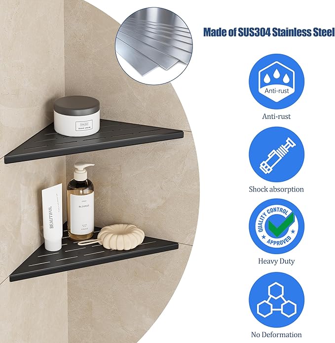 Neodrain 12 Inch Matte Black Corner Shelf Set of 2,Shower Shelves for Tile Wall Insert, 304 Stainless Steel Storage for Bathroom, No Drilling