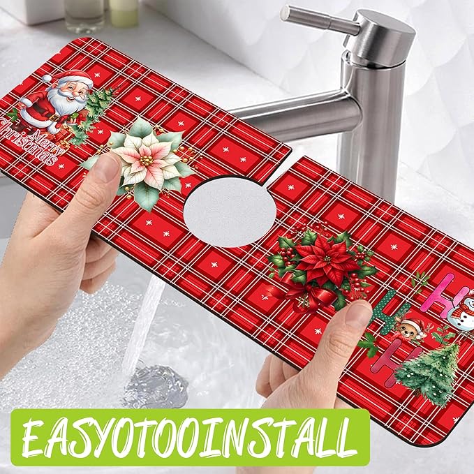 Chrismas Sink Splash Guard Faucet Mat Christmas Absorbent Fast Drying Mat Sink Gadgets Splash Guard Behind Faucet Drip Catcher for Kitchen Bathroom 15.5"X5.5"