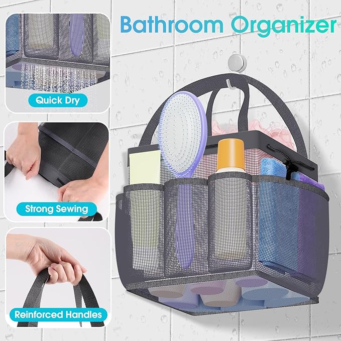Mesh Shower Caddy Portable with Drawstring, 1 Main Compartment+ 7 Pockets, College Dorm Room Essentials for Girls, Shower Organizer Hanging Bag for Beach, Camp, Swim, Gym, Travel(Grey)