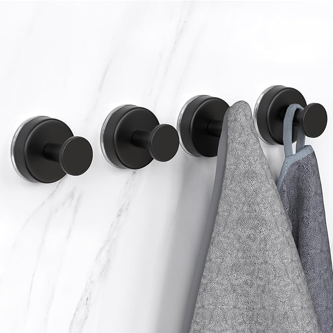 HUFEEOH Suction Cup Hooks for Shower, Towel Hooks Wall Hooks for Hanging, Removable Towel Holder for Bathroom, Kitchen, Glass Door, Mirror, Tile (2 Pack O Shape - Black)