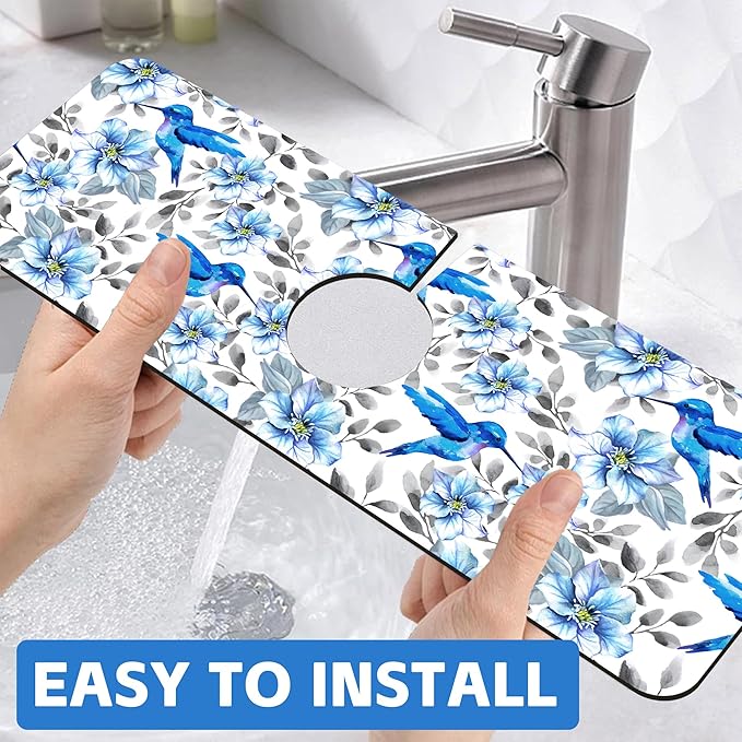 Blue Floral and Hummingbird Dish Drying Mat for Kitchen Sink Splash Guard Behind Faucet Sink Mat Absorbent Fast Drying Faucet Draining Mat for Bathroom Kitchen 5.5"×15"