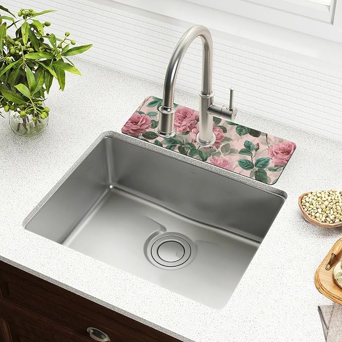 Kitchen Sink Splash Guard 2 PCS 14.7 Inch Sink Faucet Mat Splash Guard for Bathroom Countertop Water Absorbent Foldable Cuttable Soft Washable Pink Vintage Roses with Leaves