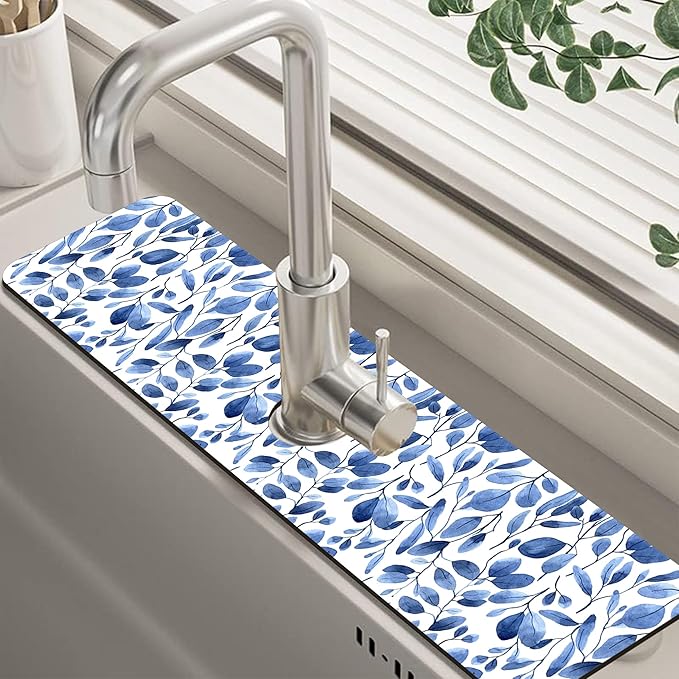 Watercolor Blue Leaves Sink Faucet Absorbing Mat Sink Splash Guard Faucet Mat Draining Mat Fast Drying Sink Protectors for Kitchen and Bathroom 5.5"×24"