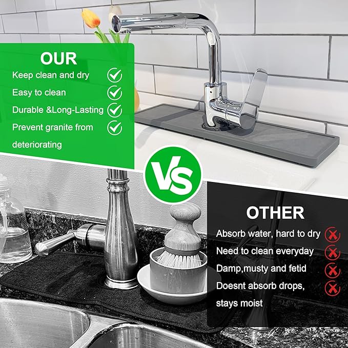 Gosmol Faucet Mat - Silicone & Stone Drying Mat, Water Absorbing Stone Tray - Prevents Moisture Buildup - Sink Splash Guard - Grey