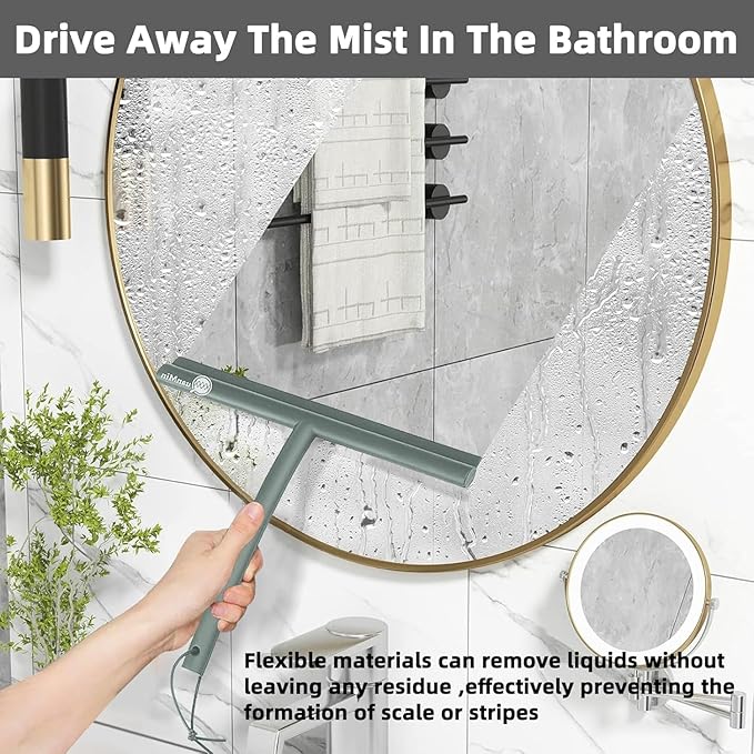 9 Inch Rounded Shower Squeegee with Hook & Suction Cup | Stainless Steel Core Silicone Wiper for Glass, Ceramic Doors & Windows - Grey Multi-Use Tool