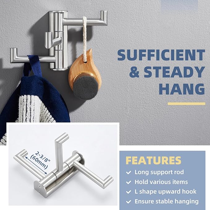 APLusee Swivel Towel Hook for Bathroom Wall Mounted, 304 Stainless Steel 3 Arms Clothes Hook, Flexible Bathroom Kitchen Wall Towel Hanger, Brushed Nickel