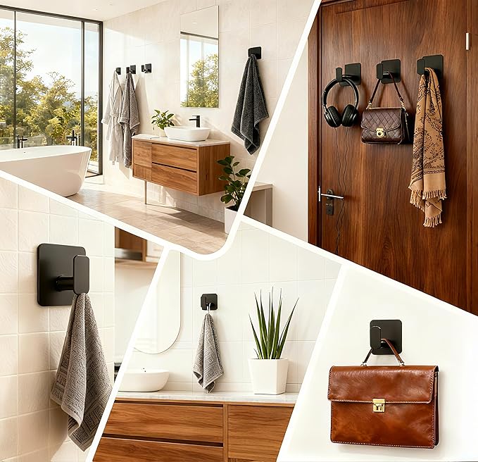 Black Square Adhesive Hooks for Shower, Bathroom, Kitchen, Robe, Towel, Coat, Waterproof & Rustproof Heavy Duty Hook for Walls No Damage, Stainless Steel Sticky Hook (4)