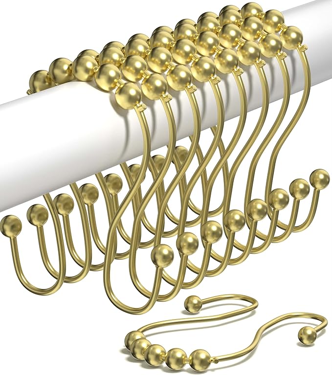 Shower Curtain Hooks Rust Proof (Set of 12) - Stainless Steel Shower Curtain Rings - Anti Slip Roller Balls for Easy Glide (Omega Double Hooks, Polished Gold)