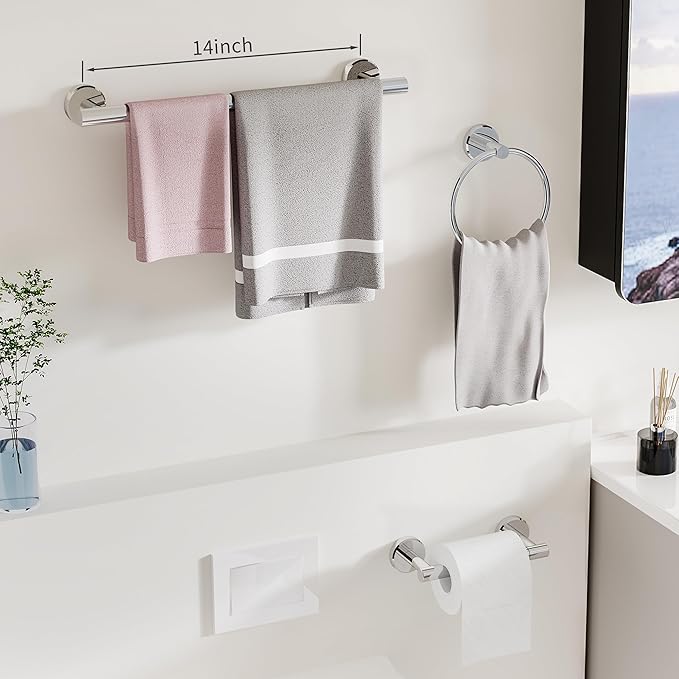 3pc Bathroom Hardware Set with Polished Toilet Paper Holder, Towel Ring, Towel Bar SUS304 Stainless Steel Toilet Paper Roll Holder Wall Mount, Bathroom Towel Holder, Towel Rack Set