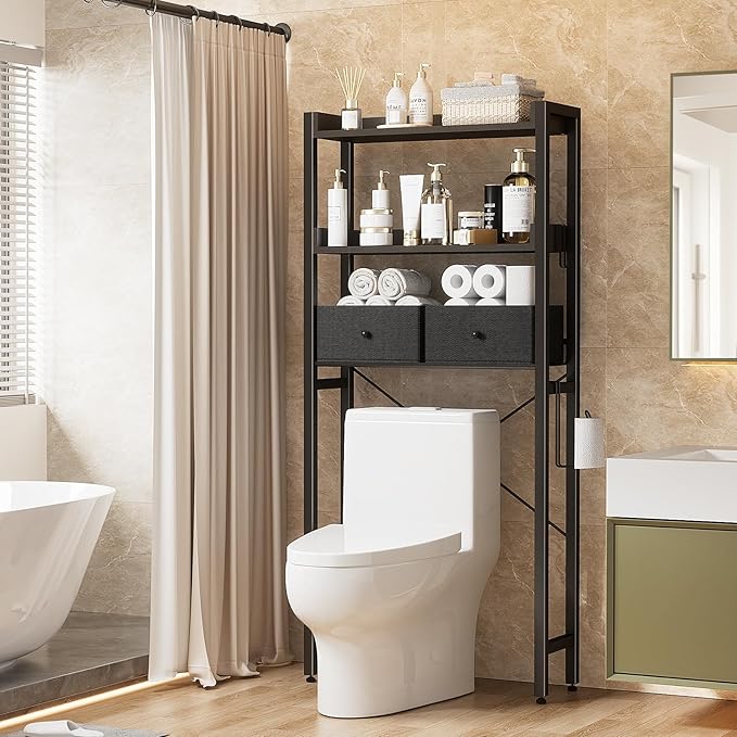 Housolution Over The Toilet Storage with 2 Drawers, 3 Tier Over Toilet Bathroom Organizer with Height Adjustable Shelves and Hooks, Space Saver Above Toilet for Bathroom/Restroom/Laundry, Black