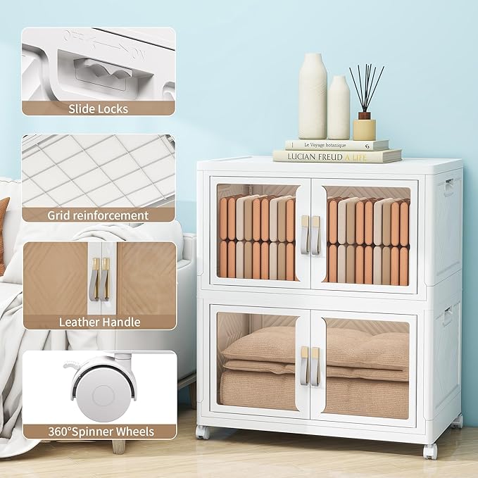 Large Stackable Storage Bins with 2 Lids, 990QT-165QT*6Tier Foldable Cabinet for Closet Organizers, Plastic Storage Containers Box with Wheels